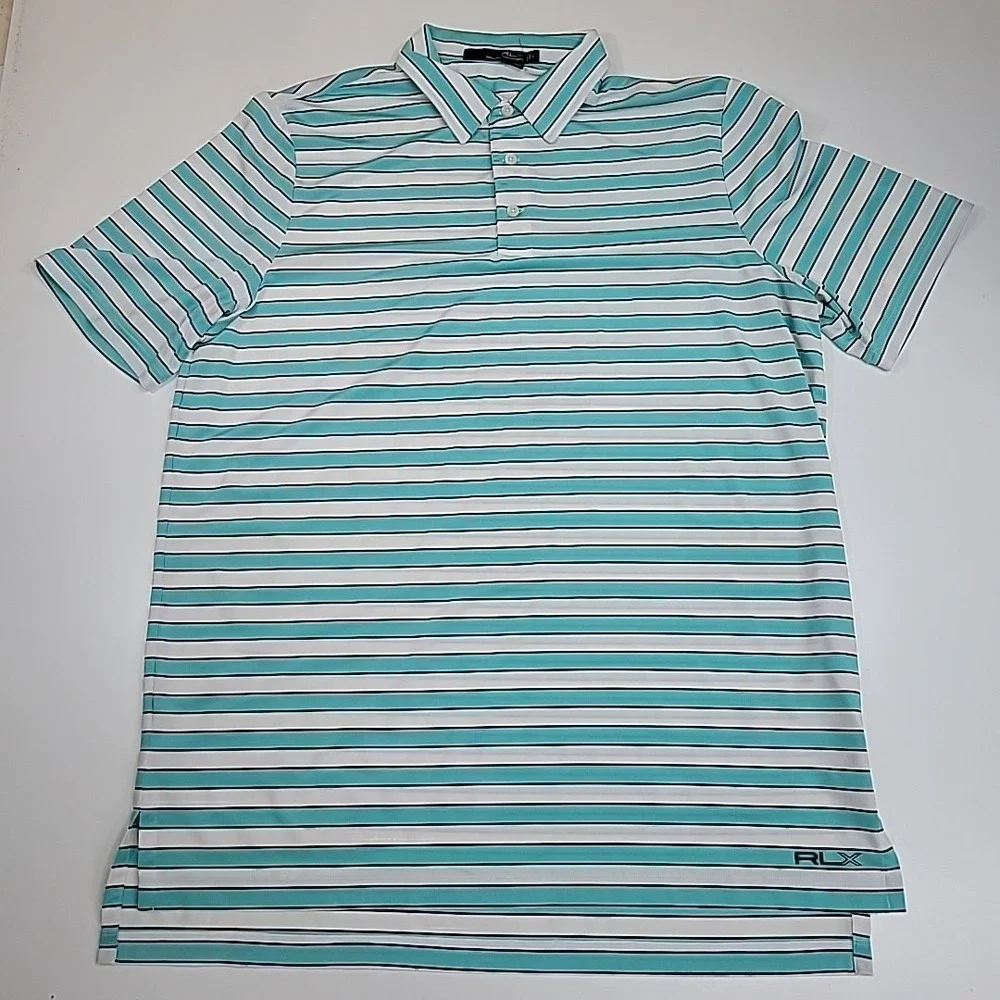 RLX Ralph Lauren Polo Shirt‎ Mens Large Blue White Striped Golf Performance...
